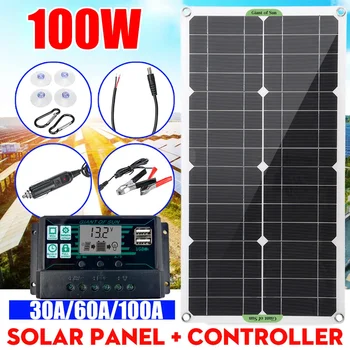 100 Вт Монокристаллическая Солнечная Панель Двойной 12 В/24 В Постоянного Тока USB Открытый Автомобильный RV Перезаряжаемый Комплект с 30A/60A/100A Солнечным Контроллером и Кабелями