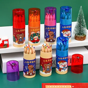 12 цветных карандашей для рисования Мультяшный Рождественский карандаш для рисования в начальной школе, Рождественский подарочный тюбик, набор цветных карандашей, подарок на день рождения