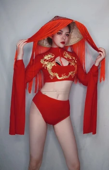 Новогодняя новая певица из ночного клуба и бара, приглашенная танцевальная команда gogo, сексуальный красный костюм в китайском стиле