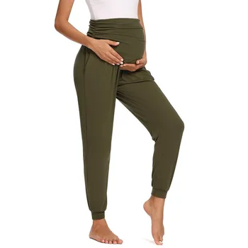 Женские брюки для беременных на животе, эластичные спортивные штаны для беременных с высокой талией, удобные повседневные джоггеры для беременных с карманами