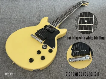 Электронная гитара TV Желтые хромированные детали звукосниматели P90 с закругленным хвостом, черная накладка, белый переплет, инкрустация точками на грифе из черного дерева