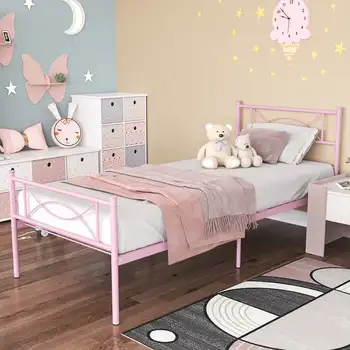 Каркас кровати Yoneston Twin на металлической платформе для девочек, каркас односпальной кровати, основа матраса с изголовьем и изножьем для детей, розовый