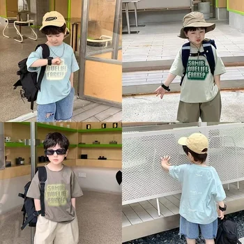 Детские летние свободные хлопчатобумажные топы 2023 года для мальчиков и девочек, детские футболки с короткими рукавами с корейским буквенным принтом