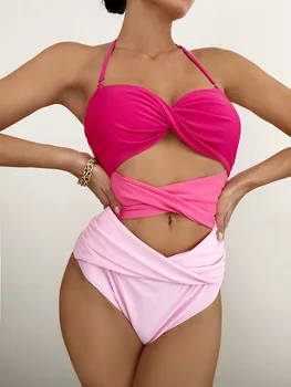 Женский цельный купальник с эффектом пуш-ап, сексуальные открытые розовые купальники с контрастной подкладкой 2023, пляжный лоскутный купальник-монокини