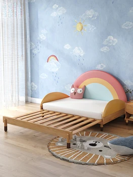 Радужная детская кровать из массива дерева, двухтактный телескопический диван для мальчиков и принцесс, сращенный с ограждением