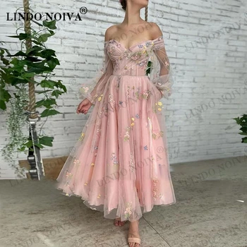 LINDO NOIVA Розовое платье для выпускного вечера в цветочек трапециевидной формы, Очаровательные Элегантные вечерние платья с открытыми плечами, платье с длинным рукавом, иллюзия Возлюбленной