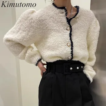 Kimutomo, женский свитер с нежной свободной окантовкой, контрастный по цвету, Элегантный женский свитер с круглым вырезом и длинными рукавами на одной груди, Универсальный вязаный кардиган Ins