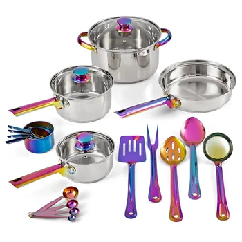 Набор посуды Mainstays из переливающейся нержавеющей стали, 20 предметов, с кухонной утварью и инструментами, набор посуды для приготовления пищи