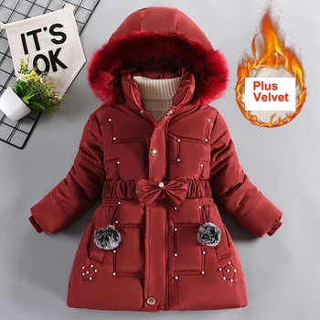 Зимнее Плюс бархатное толстое пальто для девочек, средняя и длинная куртка с меховым воротником и капюшоном, хлопковая стеганая куртка, Модная детская тонкая верхняя одежда