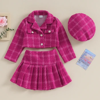 Осенне-зимняя модная одежда для девочек из 3 предметов, пальто с длинными рукавами и пуговицами, плиссированная клетчатая юбка, комплект шляп