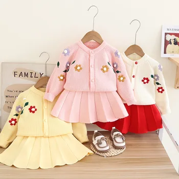 Zz308099, платье-свитер для девочек, вязаная юбка с цветочным узором, Осенне-зимний кардиган для маленьких девочек, свитера, Одежда с длинными рукавами для детей