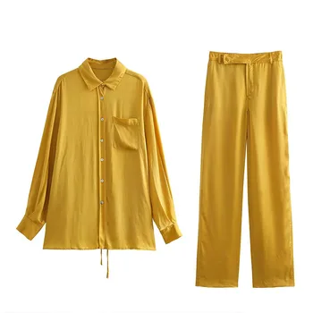 Модный тренд Для женщин 2023, Новый повседневный пижамный комплект, Свободные расклешенные брюки, однобортная рубашка на шнуровке с длинными рукавами, комплект из двух предметов