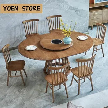 Классические наборы кухонных столов из массива дерева, 6 стульев, Выдвижные круглые обеденные столы с поворотным столом для ужина, минималистичная мебель