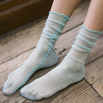 Женские сетчатые носки в стиле ретро, весна-лето, тонкие прозрачные носки, золотисто-серебристый цвет, блестящие Деревянные ушки, Тюлевые носки, Чулочно-носочные изделия
