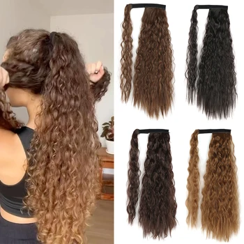 Синтетический длинный Кукурузно-волнистый конский хвост для женщин, Шиньон для наращивания волос на заколке, Черно-коричневый конский хвост