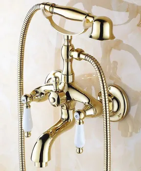 Роскошные Золотые латунные Двойные ручки, кран для ванной на ножках с ручным душем в телефонном стиле - Настенное крепление atf083