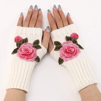 Осенне-зимние Мужские и Женские Короткие Шерстяные Вязаные перчатки с Открытыми Пальцами в Цветочек для теплых и модных Перчаток на Полпальца
