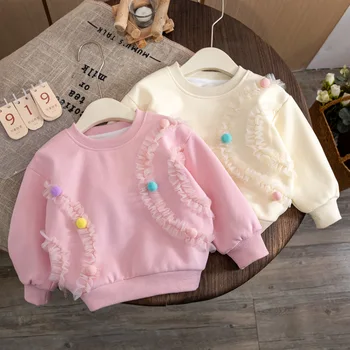 Кружевная толстовка для маленьких девочек, Детские Свободные толстовки, плотный хлопковый пуловер 2023, весна-осень, детская одежда в корейском стиле от 1 до 6 лет