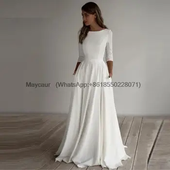 Простое атласное свадебное платье трапециевидной формы с коротким рукавом и круглым вырезом, свадебное платье скромной невесты, Vestido De Novia Robe De Mariée
