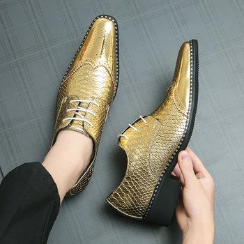 Итальянская мужская мода В клетку, Золотая деловая официальная мужская обувь, мужские вечерние туфли-оксфорды из лакированной кожи с острым носком
