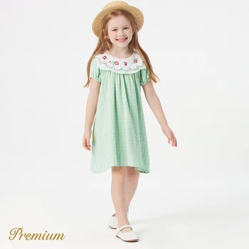 Клетчатое платье PatPat для маленьких девочек из 100% хлопка с отложным воротником и рукавами-фонариками
