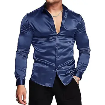 Мужские роскошные рубашки из блестящего шелка, похожие на атлас, 2023, Новый мужской смокинг для выпускного вечера, мужская повседневная рубашка Camisa Masculina, черный