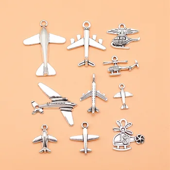 Коллекция подвесок для самолетов и вертолетов цвета античного серебра 10шт для изготовления ювелирных изделий своими руками, 10 стилей, по 1 из каждого