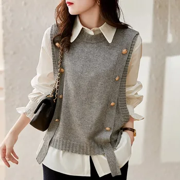 Модный вязаный жилет для женщин, свитер без рукавов, жилет, вязаная безрукавка в стиле ретро, Корейский женский осенне-зимний вязаный пуловер