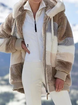 Зимнее пальто из овечьей шерсти в стиле пэчворк, женская теплая одежда, мягкие толстые куртки с плюшевыми капюшонами для женщин, зимняя верхняя одежда 2023 года.