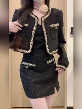 Женское осеннее твидовое шерстяное пальто черного цвета с бисером и платье на бретельках SMLXLXXL3XL4XL