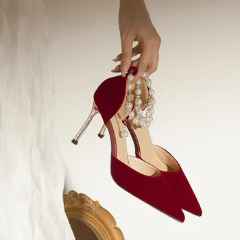 Красные женские туфли-лодочки на высоком каблуке с острым носком и Т-образными ремешками, тонкие каблуки на лето 2023, Новые свадебные туфли, женские туфли для невесты
