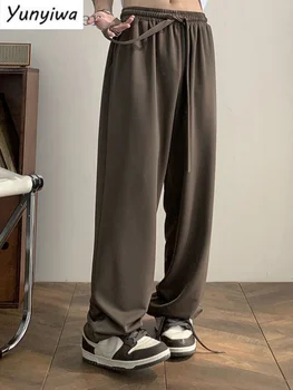 Винтажные осенне-зимние мужские брюки с прямой трубкой Оверсайз, модные повседневные брюки с эластичным поясом и широкими штанинами