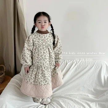 HoneyCherry Winter Girls, новое утепленное теплое платье с цветочным рисунком, Модные детские платья для девочек
