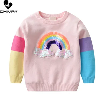 Осенне-зимний пуловер для маленьких девочек, свитер, Новинка 2023 года, детский вязаный джемпер с радужными блестками и круглым вырезом, свитера, одежда