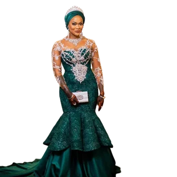 Плюс размер Темно-зеленое свадебное платье Африканской русалки с кружевными аппликациями и многоуровневыми оборками, свадебные платья Robe De Mariee с длинными рукавами