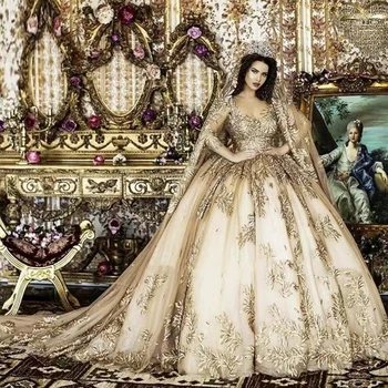 Роскошные свадебные платья из Дубая цвета Шампанского и золота с длинными рукавами, бальное платье принцессы, Арабское платье невесты, Винтажное Ретро Brautkleider