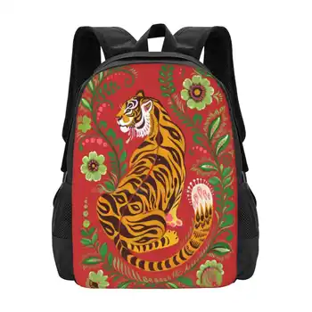 Популярные рюкзаки Tiger Folk Art Модные сумки Tiger Red Folkart Экзотическая кошка Декоративная дикая природа
