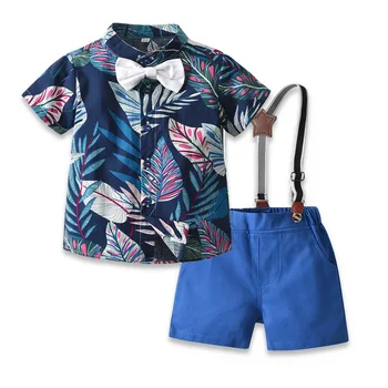 Комплекты детской одежды для мальчиков В джентльменском стиле, рубашки с коротким рукавом и принтом, галстук-бабочка + Шорты на подтяжках, костюмы, Повседневная одежда для мальчиков