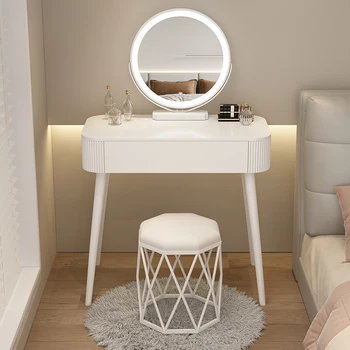 Туалетный столик с зеркалом, украшения для квартиры, туалетный столик из белого глянцевого лака, деревянный табурет, Дизайнерская мебель