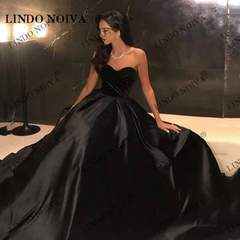 LINDO NOIVA Простые черные вечерние платья без бретелек, женское шелковое бальное платье с открытой грудью, сексуальное вечернее платье со шлейфом