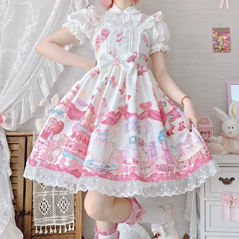 Платье в стиле кавайной Лолиты для женщин и девочек, JSK Lolita Kawaii, милые платья для чаепития с принтом Cartoo N и оборками, летнее платье-комбинация для косплея
