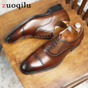 Обувь из натуральной кожи для джентльменов, свадебные официальные туфли на шнуровке, оксфорды из воловьей кожи с верхним слоем, Элегантные модельные туфли большого размера