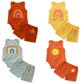 Летний Комплект для маленьких мальчиков и девочек, комбинезон с радужной вышивкой + Шорты, 2 предмета, костюмы для малышей, детская одежда