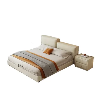 Современная роскошная мебель для спальни, кровать для спальни, белая кожаная кровать, мебель для дома, спальный гарнитур стандартного размера.