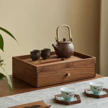 Ящик для хранения офисного стола из массива черного ореха, японский ящик для хранения чайных тортов с выдвижными косметическими украшениями