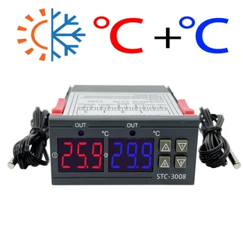 Двойной цифровой регулятор температуры STC-3008, термостат с двумя релейными выходами, нагреватель с датчиком 12 В, 24 В, 220 В, Домашний холодильник, прохладное тепло