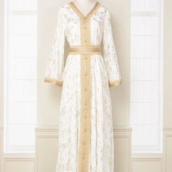 Модное платье-халат с золотым тиснением и цветочным принтом снизу для вечернего платья из Дубая