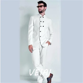 Traje de hombre blanco trajes de boda novio Stand Collar Blazer hecho a medida Slim Fit Casual esmoquin mejor Hombre Trajes de