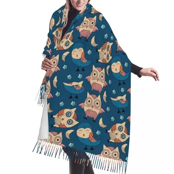 Зимний шарф с рисунком Совы, Шали, Обертывание, Женские, мужские Теплые шарфы с кисточками Bufanda