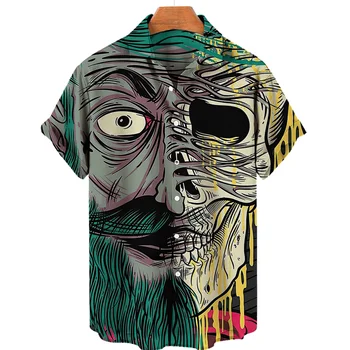 Винтажная гавайская рубашка для мужчин, топы с 3D принтом черепа, летняя повседневная пляжная уличная одежда большого размера, мужская блузка с коротким рукавом